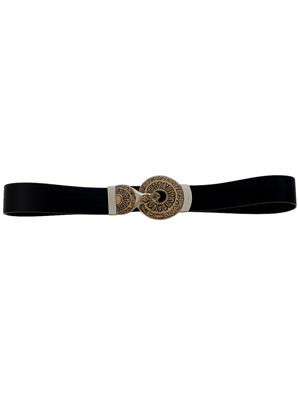Chicos Black  Leather Adjustable Belt with Decorative Boho Two Toned Buckle